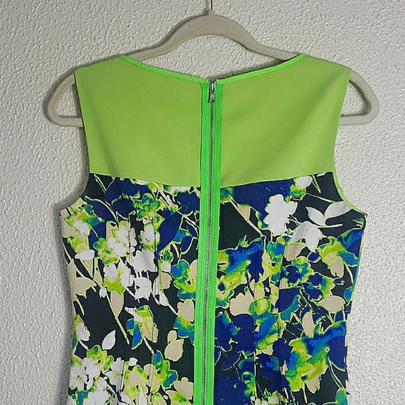 Tahari Sleeveless Sheath Floral Dress Multicolor Neon Green Blue Black Cotton 6 - Picture 13 of 16